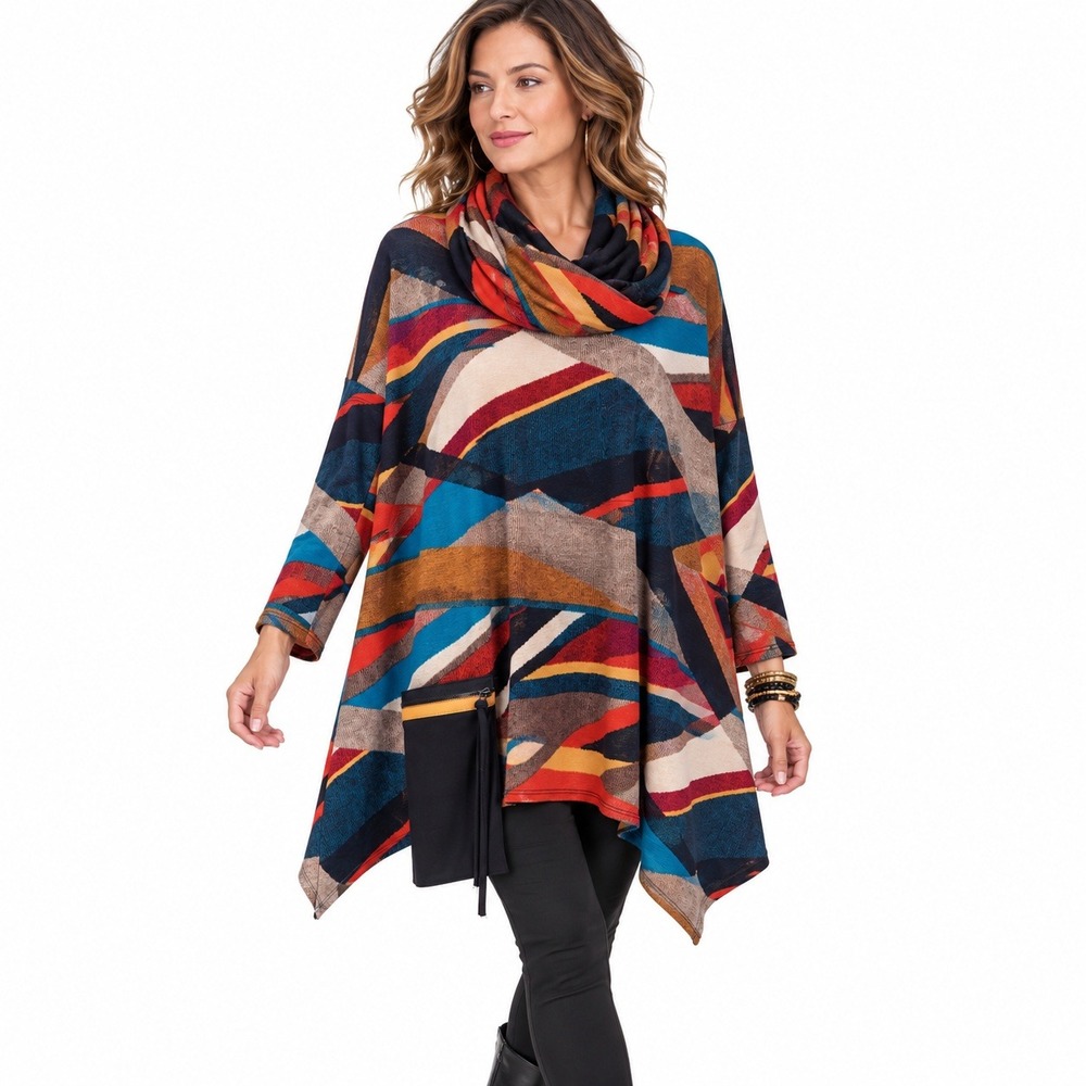IC by Connie K Knit Tunic Scarf Set XL Multicolor Abstract Art to Wear Lagenlook